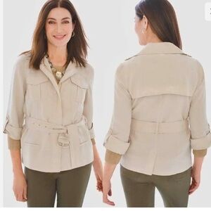 Chico's beige tencel utility safari roll tab sleeve belted jacket